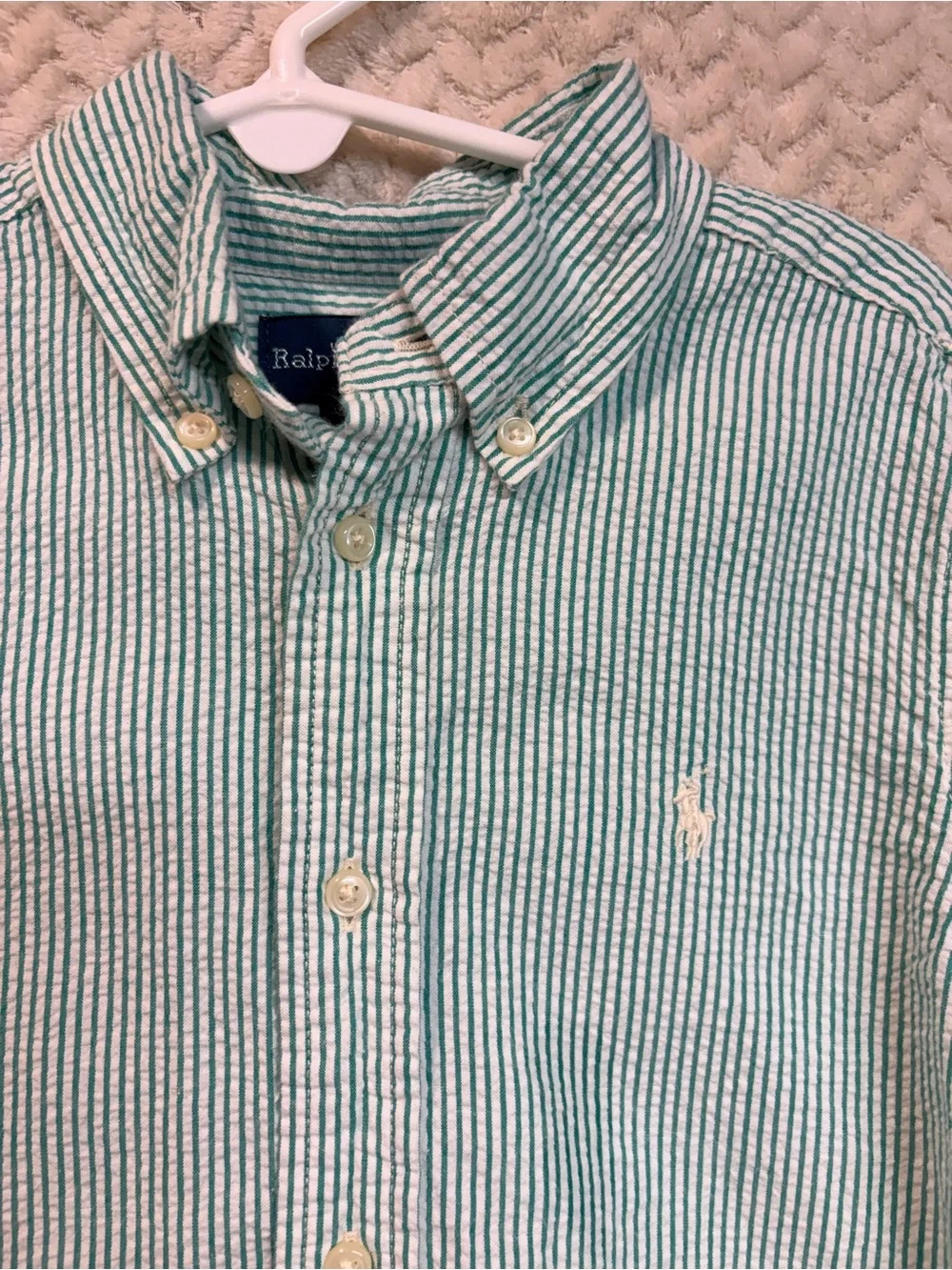 Ralph‎ Lauren Seersucker Button Down Shirt Size 5 Green White Striped Boys Pony